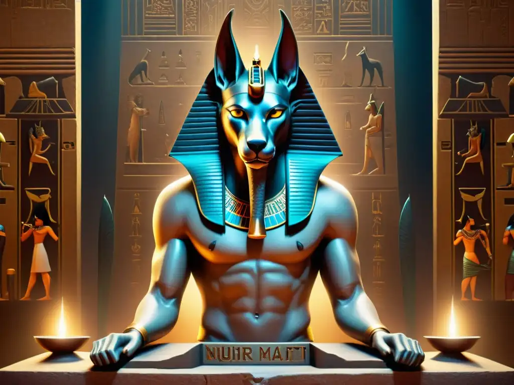 Enigmática ilustración de Anubis en el inframundo egipcio, juzgando al faraón