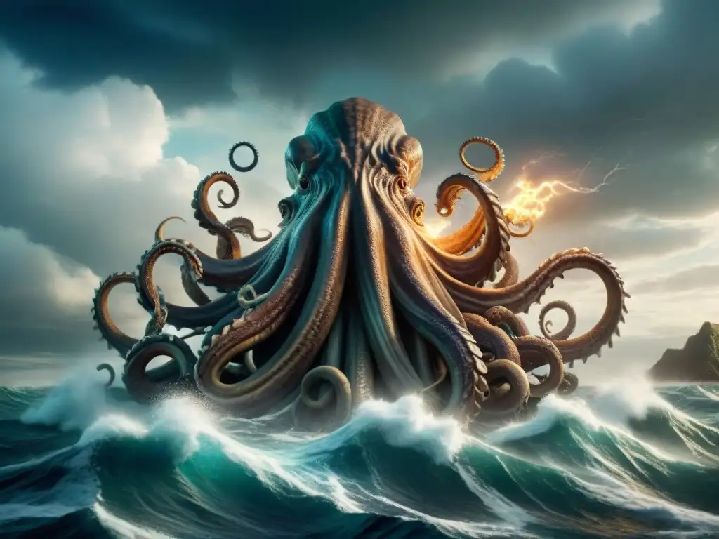 Inmensa ilustración de un kraken emergiendo del mar, rodeando un barco antiguo