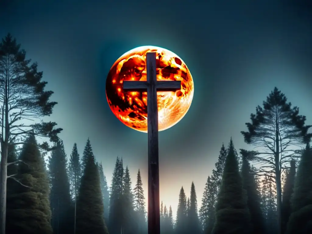 En la inmensidad nocturna, la Luna Roja ilumina un cruce misterioso en el bosque