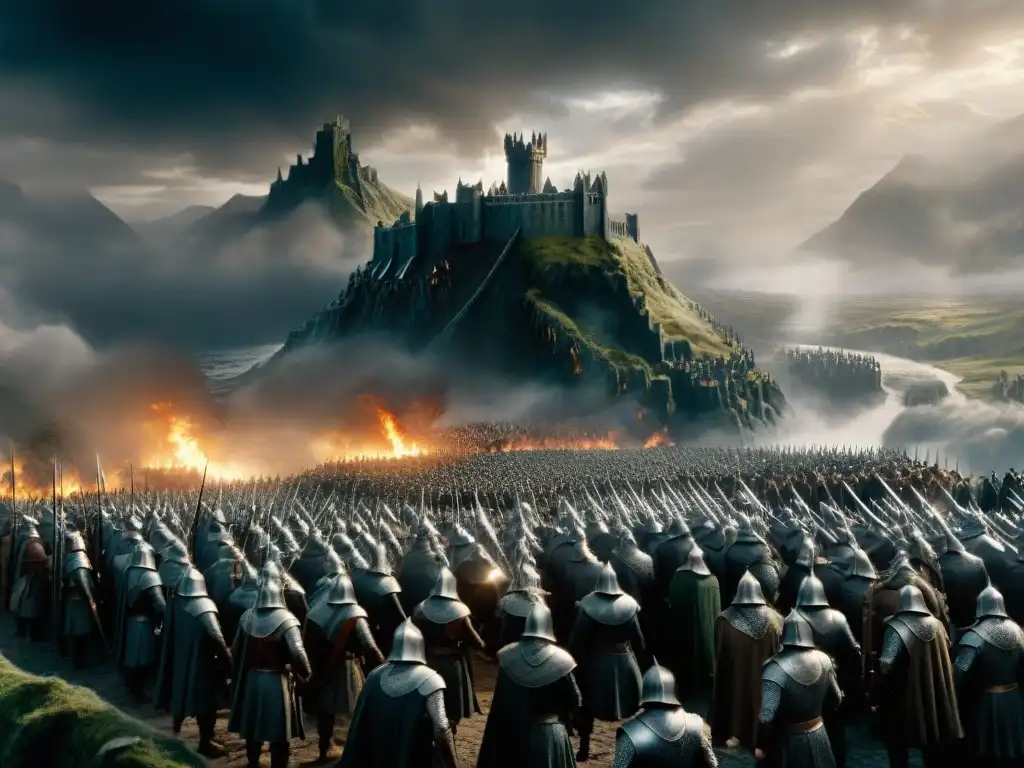 Inminente batalla en LOTR: defensores estratégicamente posicionados en Helm's Deep frente a los Urukhai bajo un cielo tormentoso