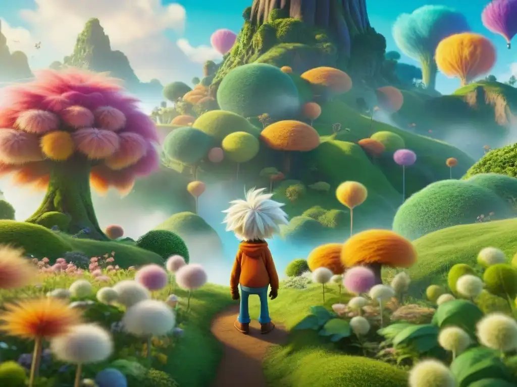 Innovaciones tecnológicas en The Lorax: Imagen detallada de un bosque vibrante, con árboles Truffula coloridos y el personaje del Lorax