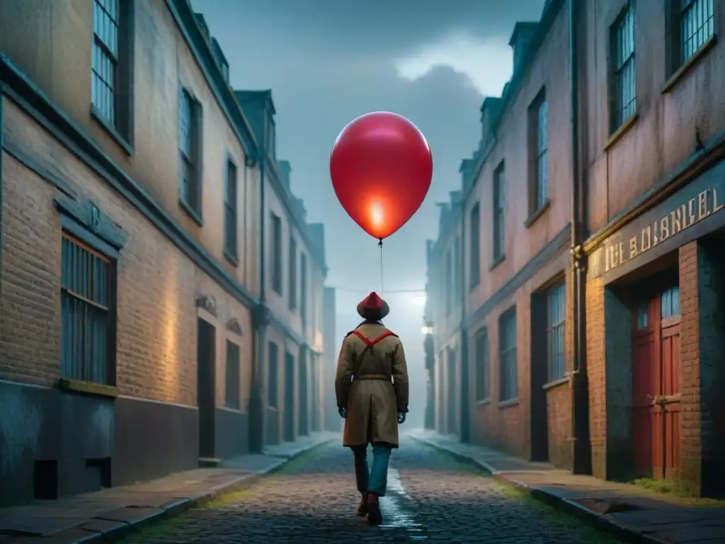 Un inquietante callejón de Derry con un globo rojo icónico, luces titilantes y la silueta de Pennywise