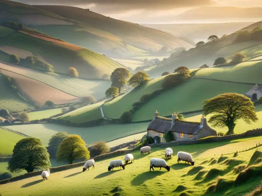 Inspiración del Shire en campiñas inglesas: paisaje cinematográfico con colinas verdes, cabañas de piedra y ovejas bajo la puesta de sol dorada