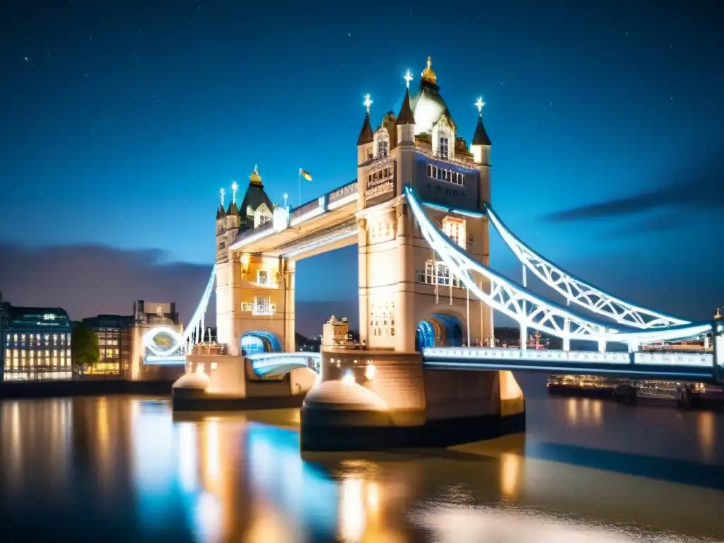 Inspiración lugares reales Marvel: Tower Bridge iluminado de noche, reflejándose en aguas tranquilas bajo un cielo estrellado