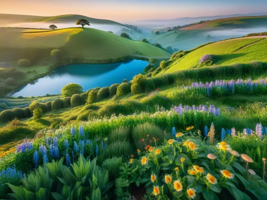 Inspiración del Shire en campiñas: paisaje verde exuberante con cuevas de hobbits y río serpenteante al atardecer