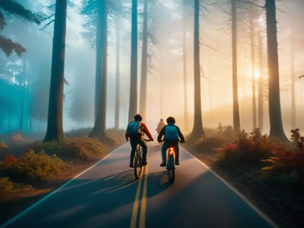 Inspiraciones literarias en Stranger Things: Niños en bicicleta atraviesan un bosque brumoso al anochecer, con criaturas misteriosas acechando