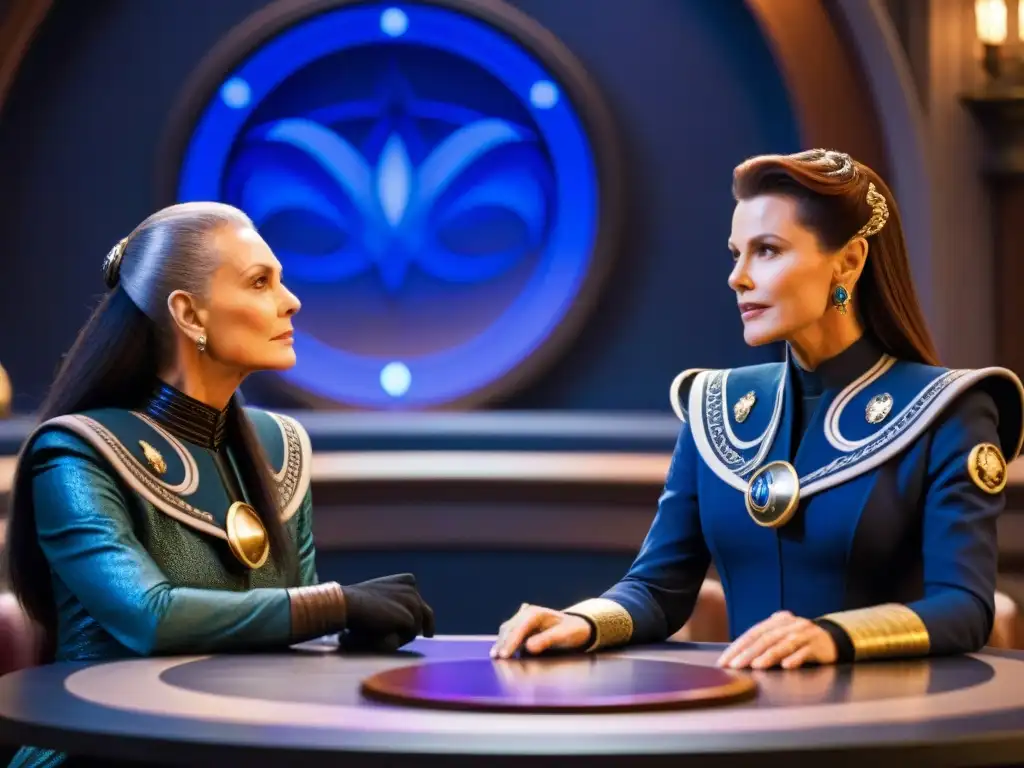 Intensa negociación diplomática entre Delenn y Londo Mollari en Babylon 5, reflejando economía y diplomacia en la serie