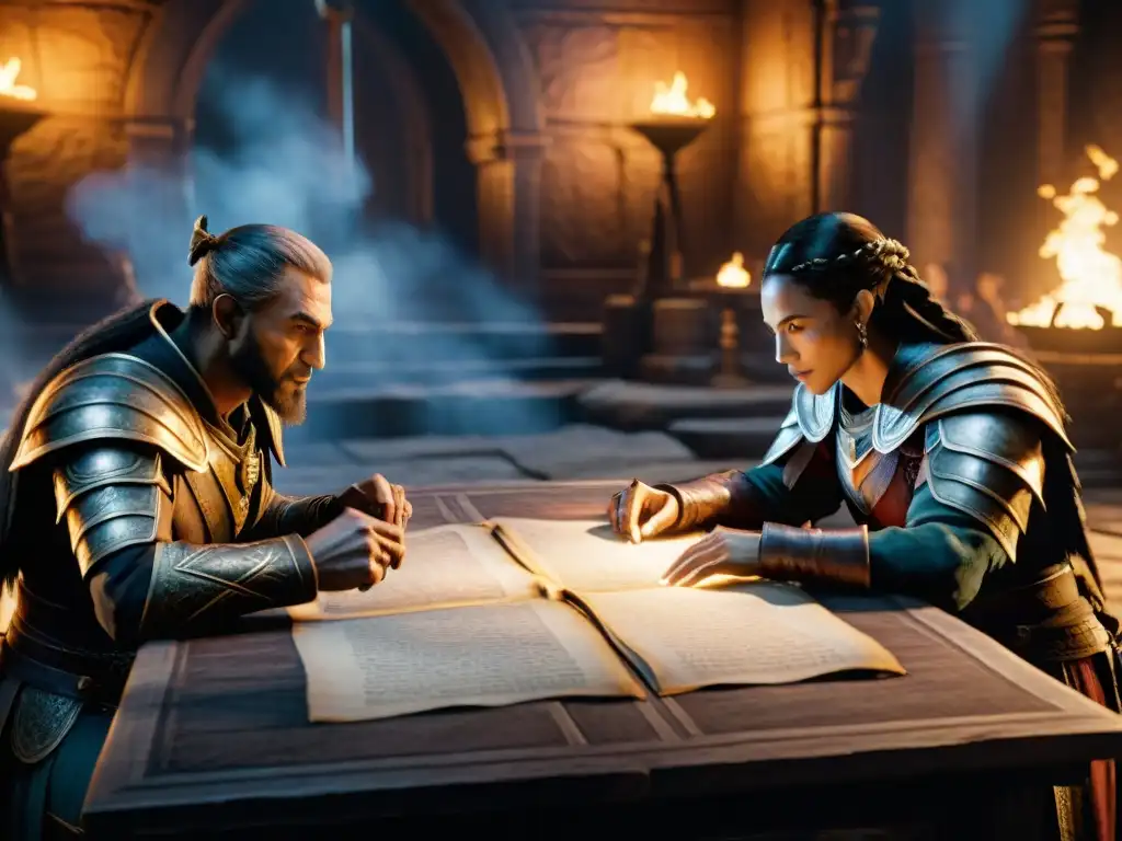 Intensa negociación política en The Elder Scrolls, líderes en discusión alrededor de una mesa decorada con pergaminos y mapas antiguos