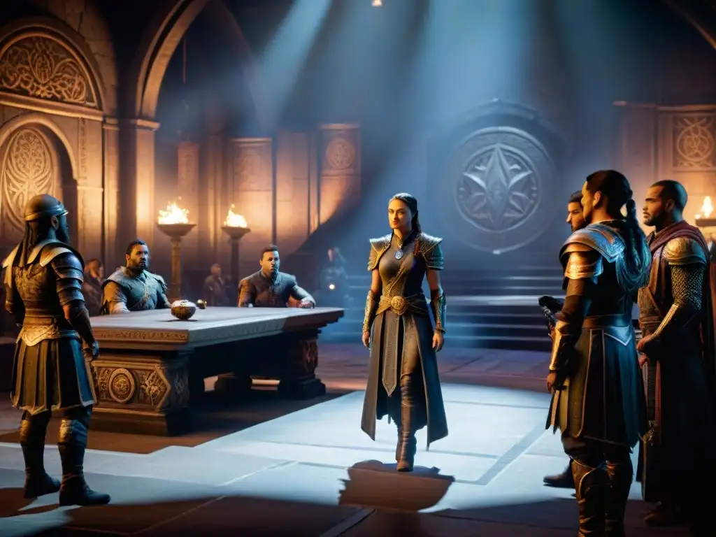 Intensas negociaciones políticas en The Elder Scrolls, líderes en una cámara decorada, gestos y expresiones determinadas