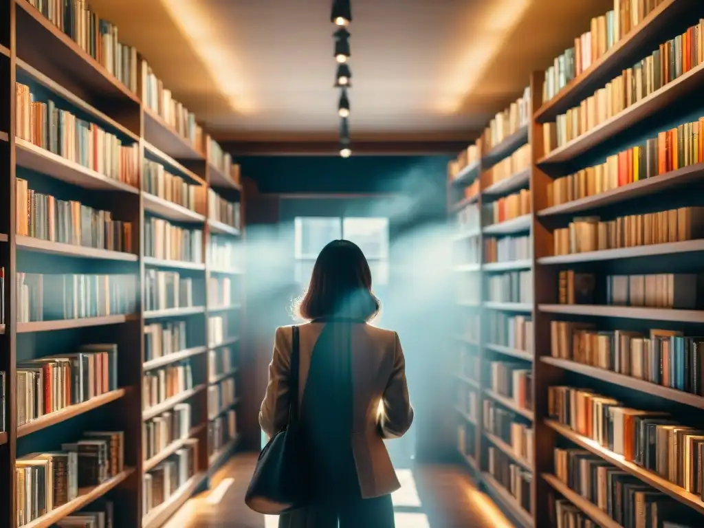 Intriga en librería: El Código Da Vinci iluminado Intenso análisis impacto de 'El Código Da Vinci' en librería abarrotada, con haz de luz destacando el libro central