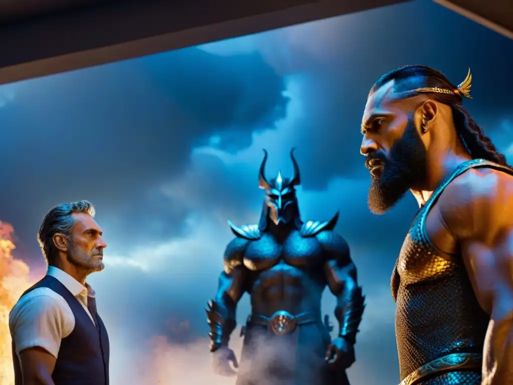 Intenso conflicto religioso en American Gods: Odin y Technical Boy enfrentados en un escenario futurista y neon iluminado