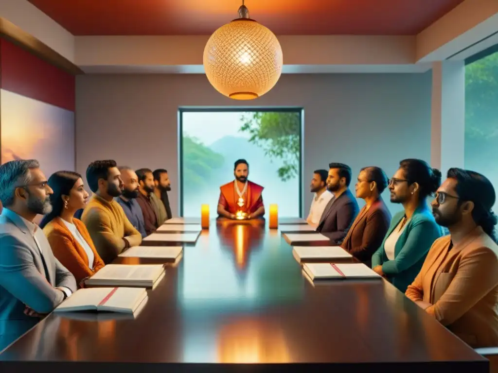 Debate cultural: fusión de emociones y mitología hindú Un intenso debate en una sala con libros de Mitología Hindú en Espiritualidad Occidental