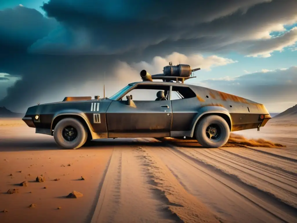 Réplica del 'Interceptor' de Mad Max en un escenario postapocalíptico con cielo dramático