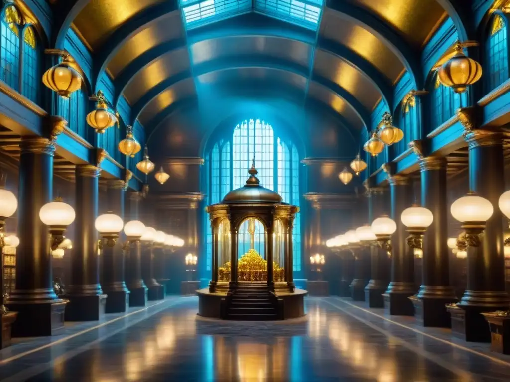 En el interior de Gringotts Bank, los banqueros goblins cuentan monedas de oro bajo imponentes columnas y candelabros