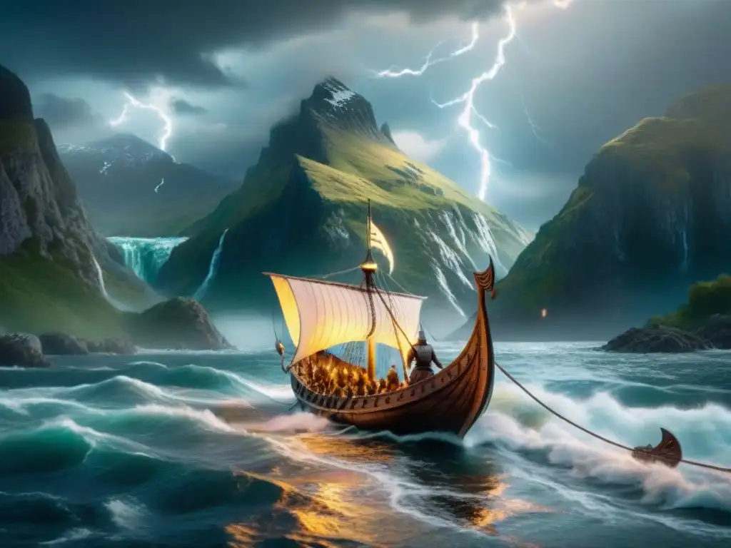 Intrépidos vikingos luchan contra monstruos marinos en un barco bajo una tormenta épica