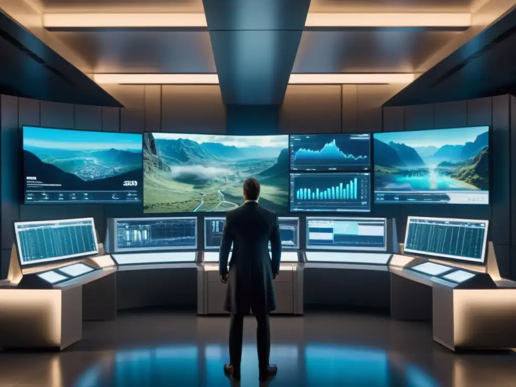 Un intrigante control de la inteligencia artificial en la sala de mando de 'Westworld', monitores brillantes y figura en sombra