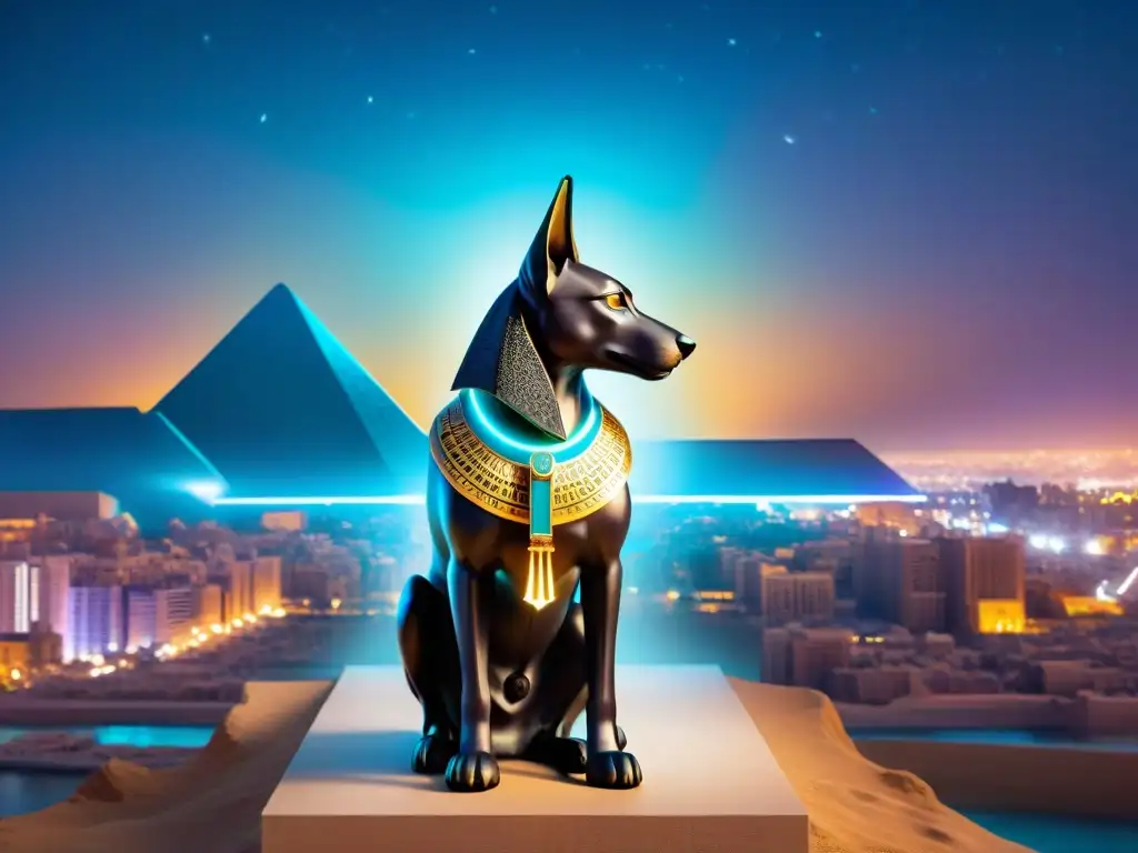 Una intrigante ilustración futurista de Anubis en una ciudad neón, fusionando mitología egipcia en universos ficticios