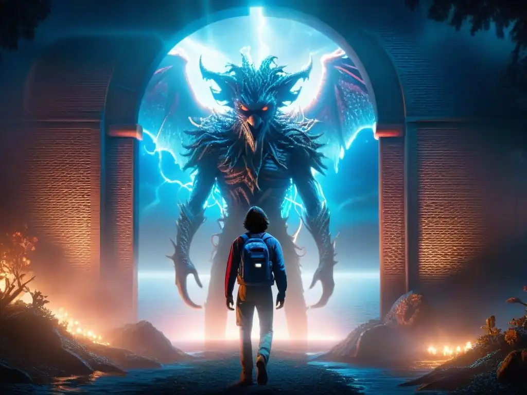Portal misterioso: figura tenebrosa emergiendo con símbolos ancestrales Intrigante ilustración con influencias mitológicas en Hawkins: Demogorgon emergiendo de un portal neblinoso, rodeado de símbolos misteriosos
