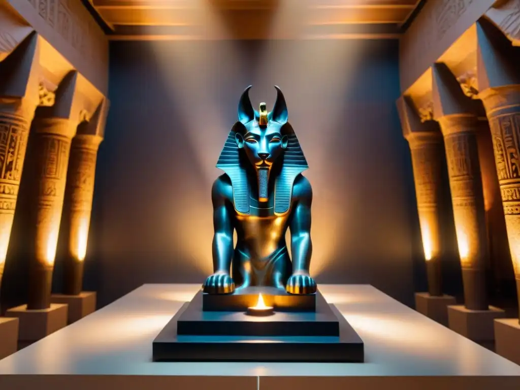 Intrigante sarcófago de Anubis en una sala tenebrosa de museo, con antorchas y sombras, ideal para una narrativa de terror egipcia