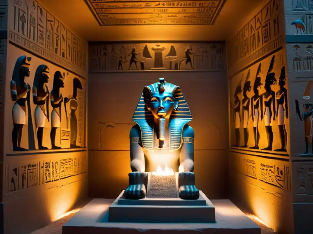 Intrincada tumba egipcia iluminada tenuemente, con jeroglíficos detallados, estatua amenazante de Anubis y antorchas parpadeantes