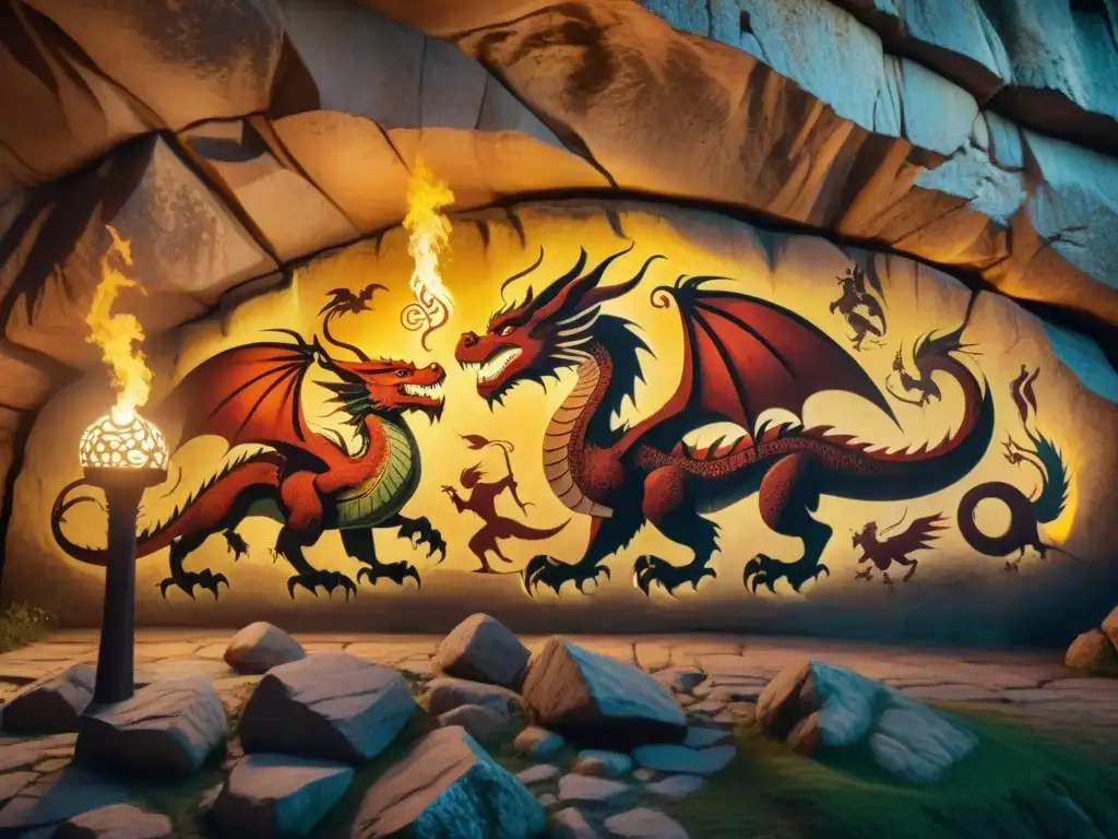 Intrincadas pinturas rupestres de dragones y figuras humanas, iluminadas por antorchas