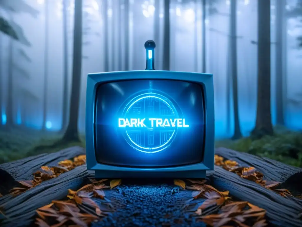 Intrincado dispositivo de viajes en el tiempo en Dark, con energía azul brillante y un bosque misterioso en la niebla