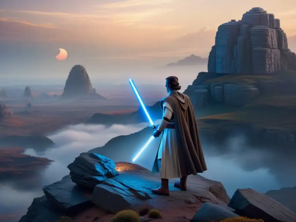 Un Jedi en un acantilado al atardecer, con múltiples lunas en el cielo