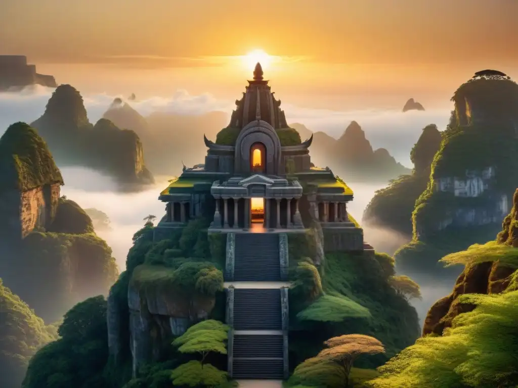 Un Jedi se acerca a un antiguo templo entre acantilados al atardecer, revelando la mitología de la Fuerza en Star Wars