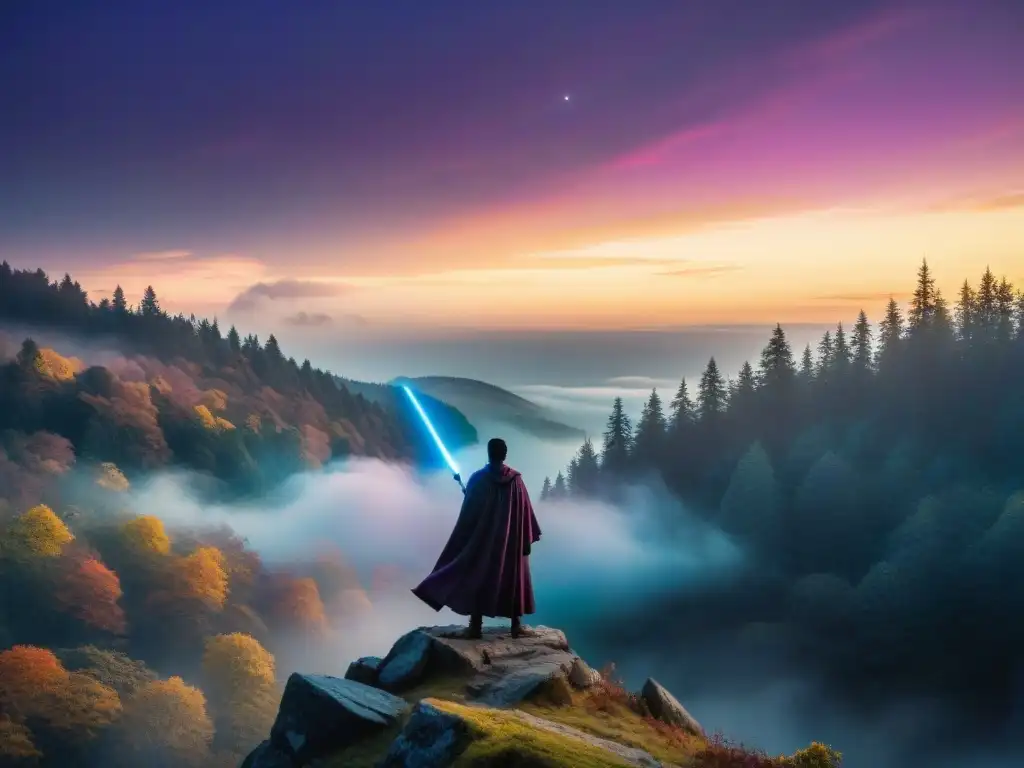 Un jedi en la cima de un acantilado, con su sable de luz brillante, enfrentando la oscuridad del bosque