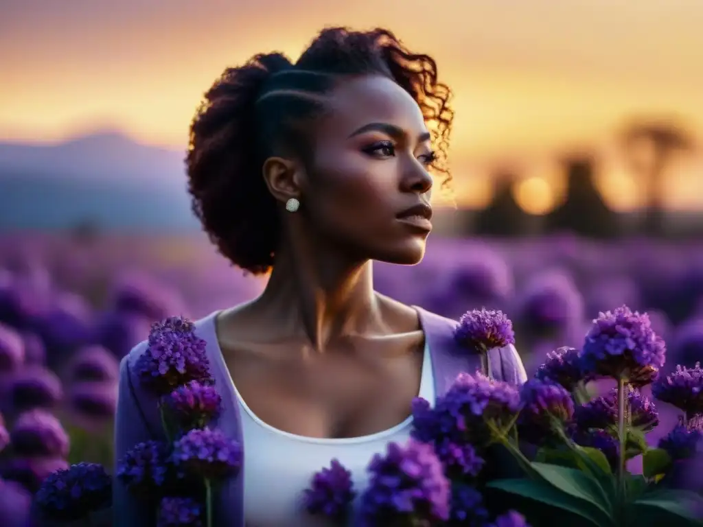 Una joven afroamericana destaca entre flores moradas al atardecer, simbolizando esperanza y resistencia ante la marginación en El Color Púrpura