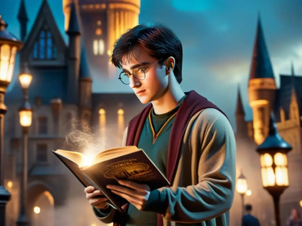 Joven leyendo 'Harry Potter y la Piedra Filosofal' bajo farola en ciudad mágica