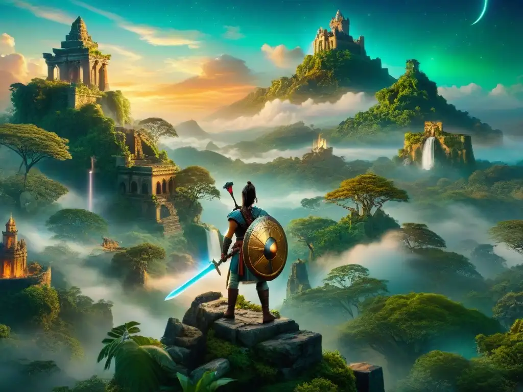 Fantasía épica: Mundo mágico con ruinas ancestrales y aventuras sin fin Un joven héroe con una espada brillante en un mundo fantástico, influenciado por 'La Historia Sin Fin'