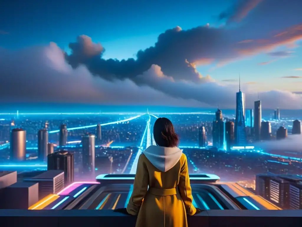 Una joven contempla el horizonte en una ciudad futurista