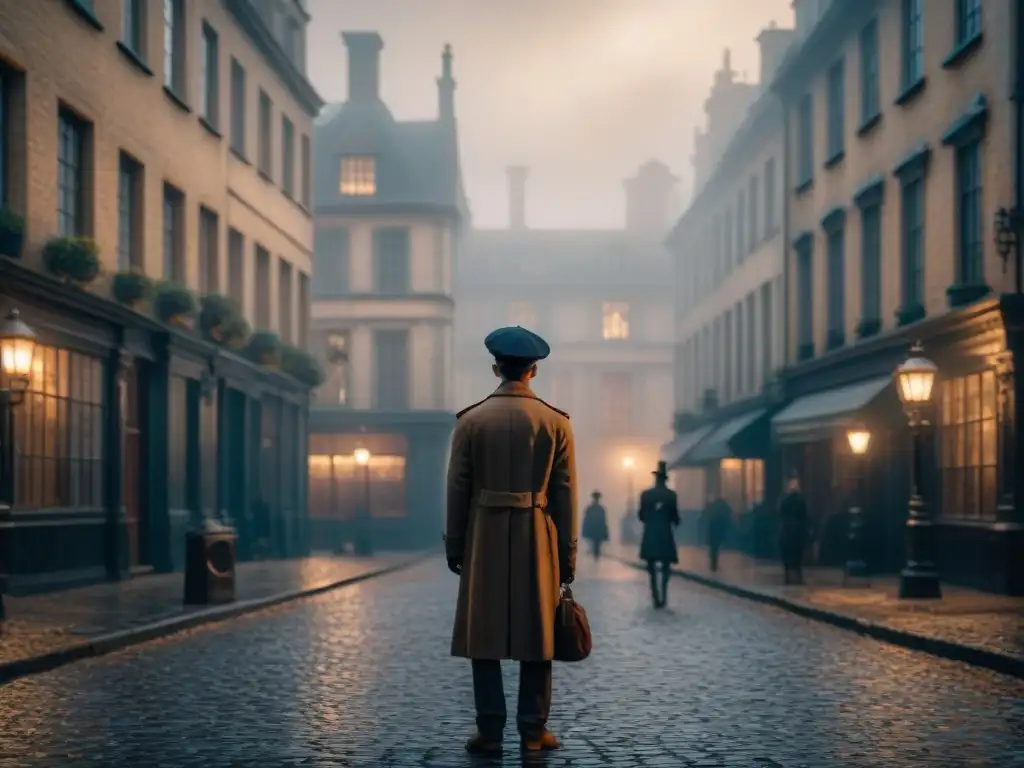 Un joven huérfano en una calle victoriana, evocando a Oliver Twist, mirando un imponente edificio