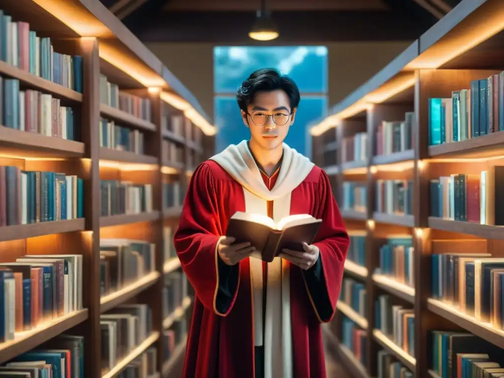 Un joven mago en una biblioteca mágica con un libro brillante, evocando el impacto de Harry Potter en la literatura juvenil