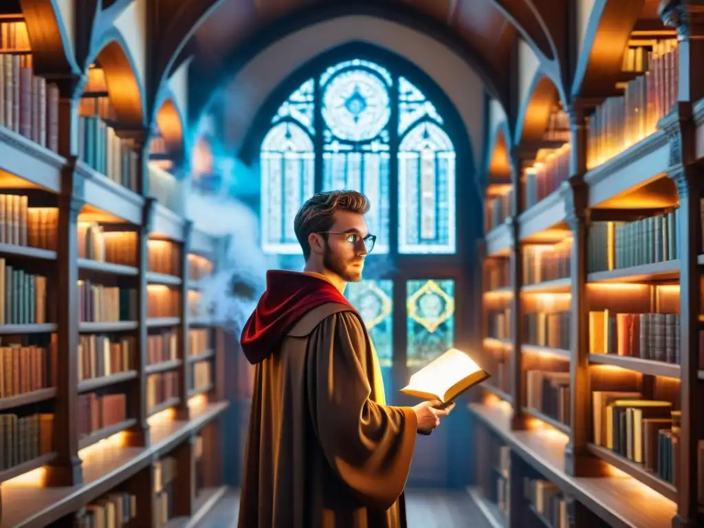 Un joven mago con lentes redondos y cicatriz en forma de rayo en la frente, explorando una biblioteca mágica llena de libros flotantes y orbes de luz