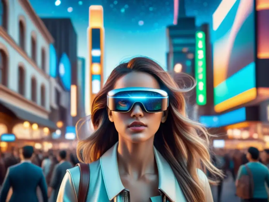 Joven con pelo largo y gafas AR en ciudad futurista con hologramas de mundos ficticios