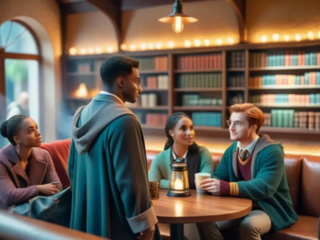 Jóvenes discuten apasionadamente sobre Harry Potter en una cafetería acogedora