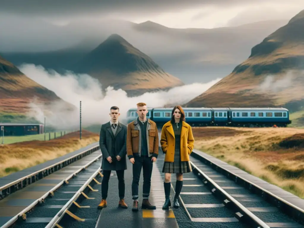 Jóvenes de la contracultura Escocia 90 Trainspotting en solitaria estación de tren entre montañas brumosas