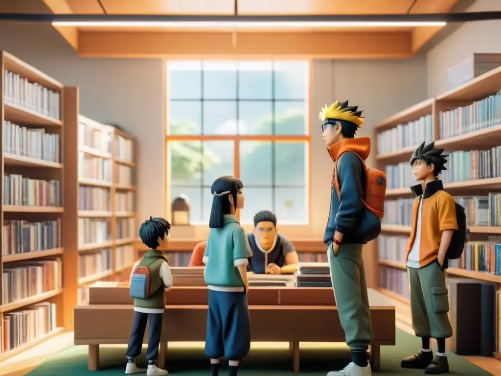 Jóvenes de distintas culturas conversan apasionadamente sobre 'Naruto' en una biblioteca moderna