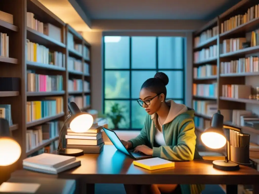 Jóvenes escritores concentrados en laptops, rodeados de libros y notas, iluminados por cálidas lámparas