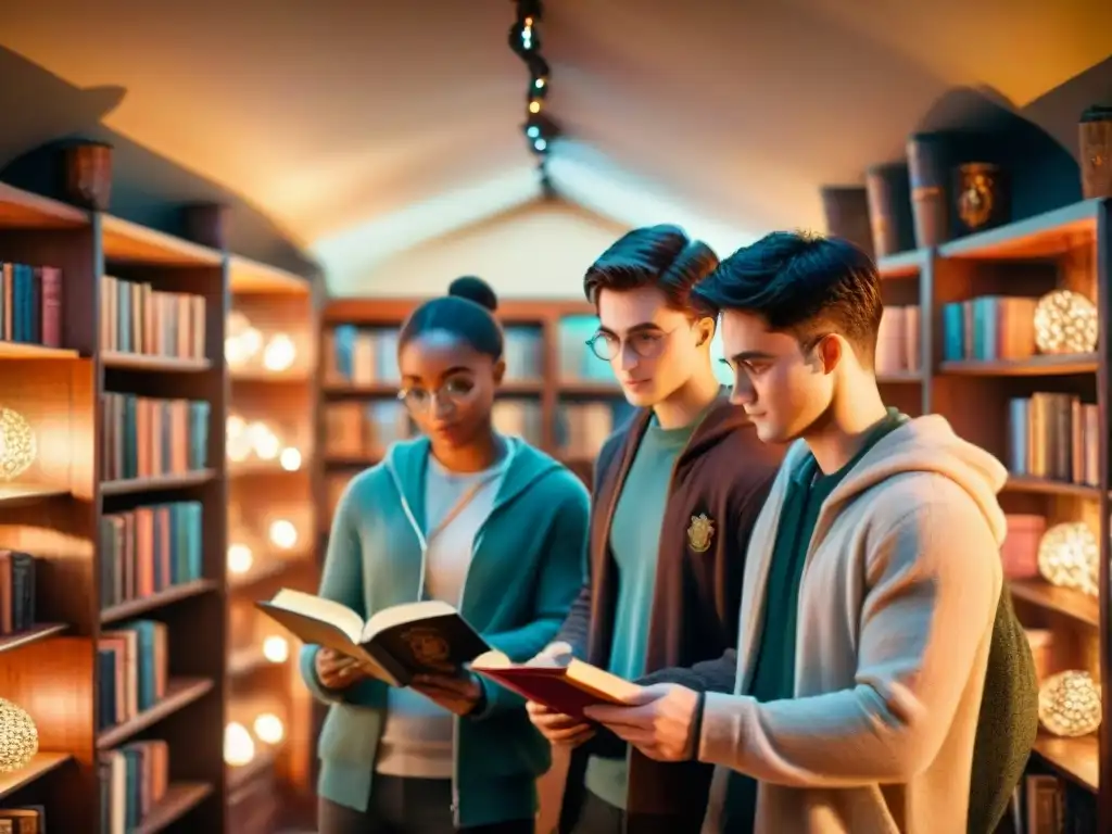 Jóvenes fascinados leyendo Harry Potter bajo luces cálidas, rodeados de magia en un ambiente acogedor