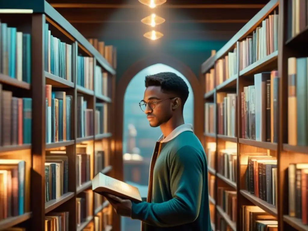 Jóvenes diversos fascinados por la saga 'Harry Potter' en biblioteca mágica