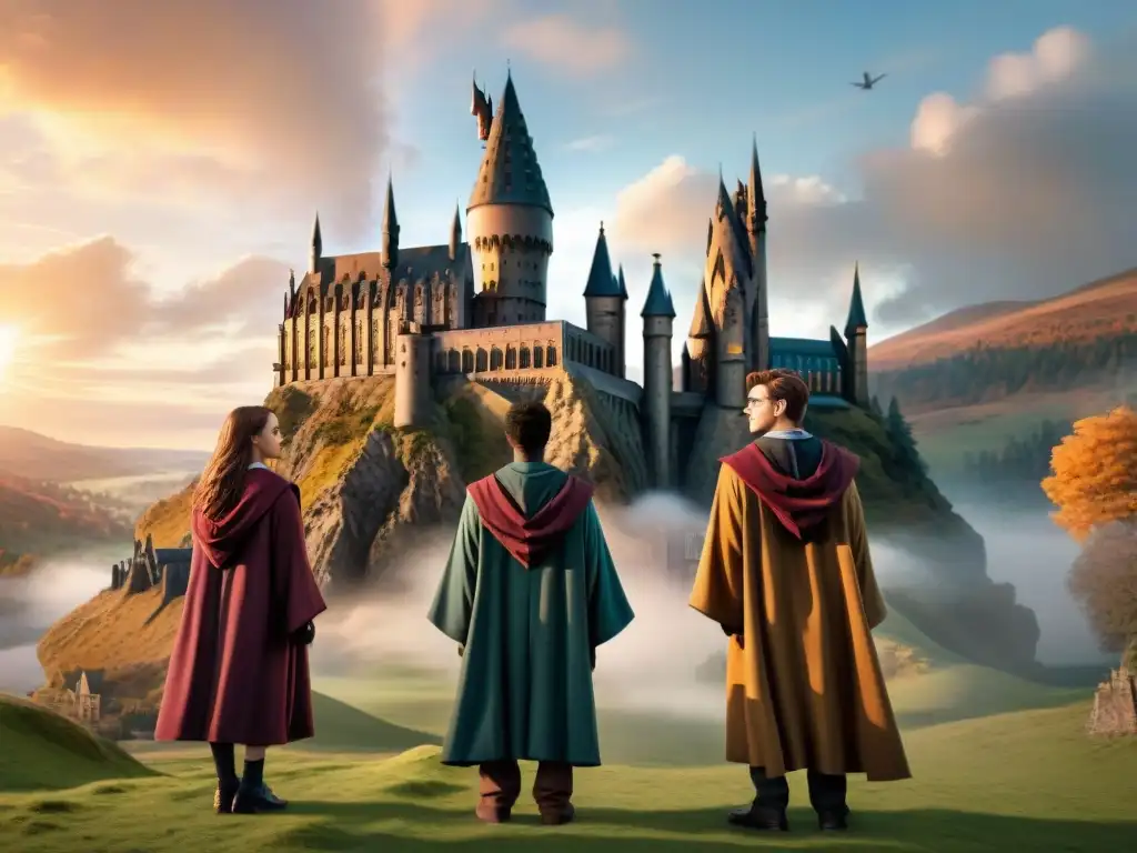 Jóvenes magos y brujas en Hogwarts, admirando el castillo al atardecer