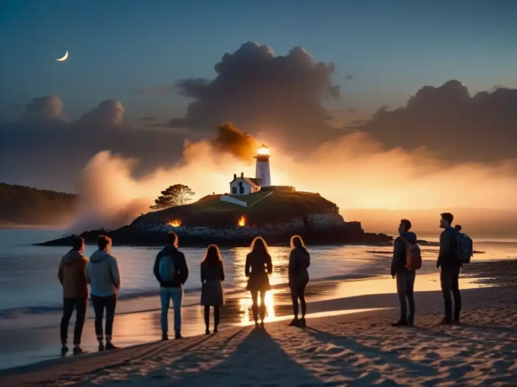 Jóvenes junto a fogata en playa misteriosa bajo luna llena Jóvenes en la playa iluminados por fogata, lighthouse