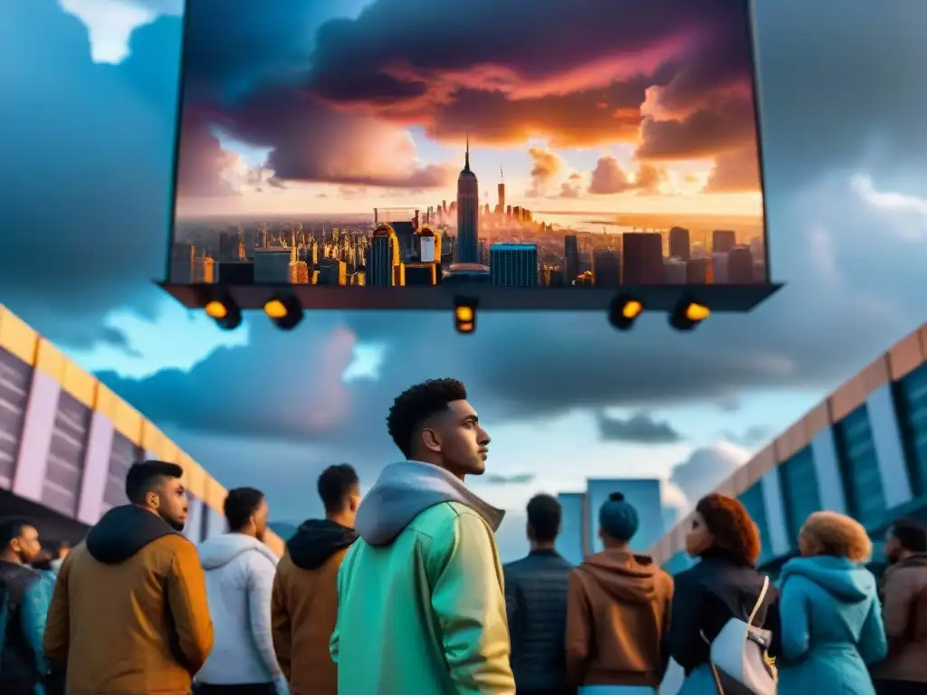 Jóvenes en plaza futurista realizan saludo con tres dedos, rodeados de propaganda y cielo tormentoso, evocando impacto Juegos del Hambre