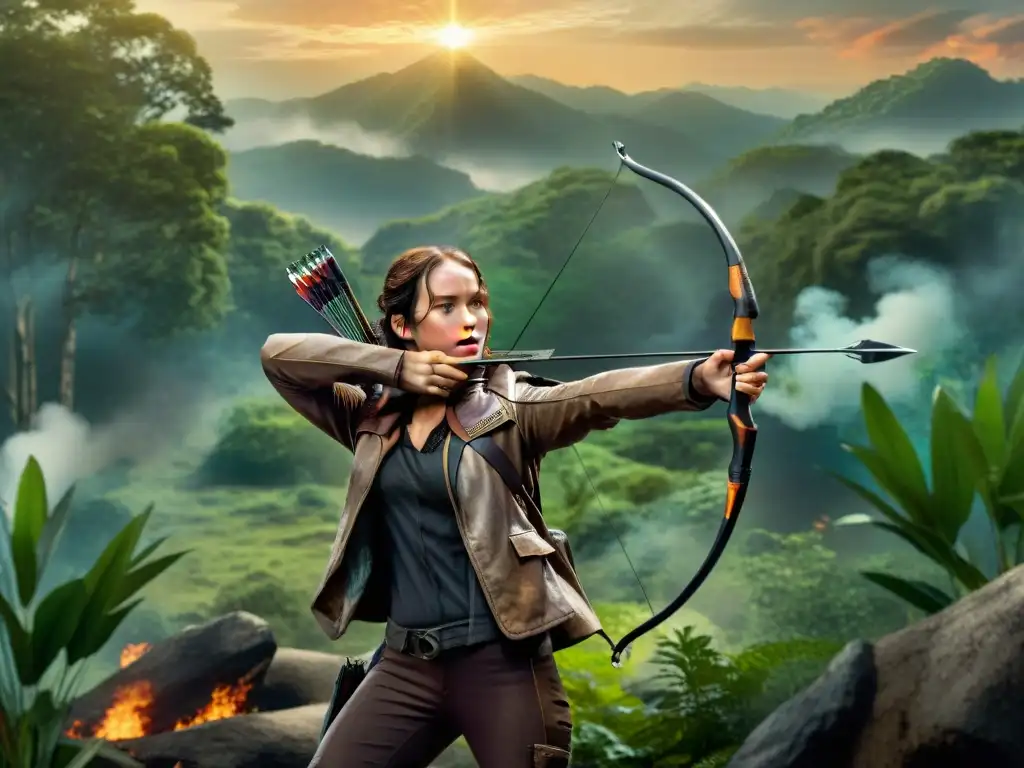 Katniss Everdeen en los Juegos del Hambre, mostrando determinación en un paisaje político