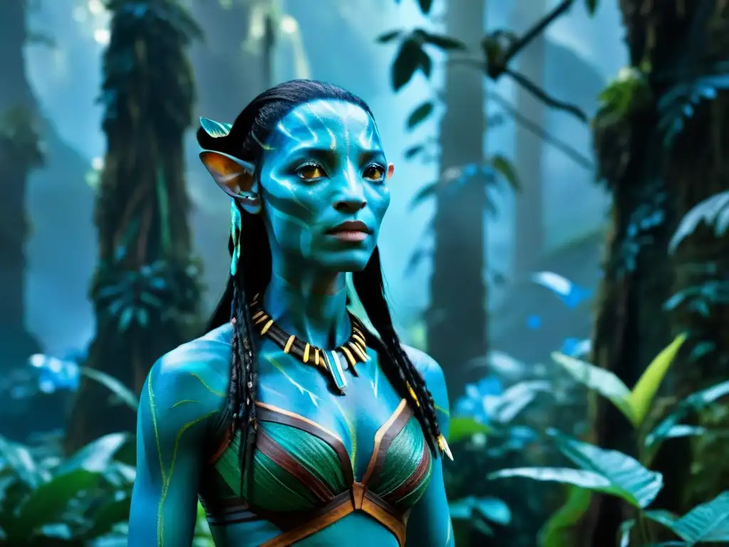 Neytiri y Jake Sully junto a otros Na'vi en el exuberante bosque de Pandora