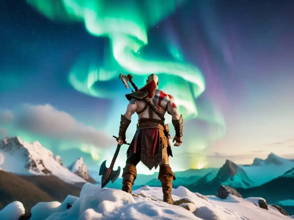 Kratos en la cima de una montaña nevada con la aurora boreal y ruinas alrededor, en la reimaginada mitología nórdica análisis