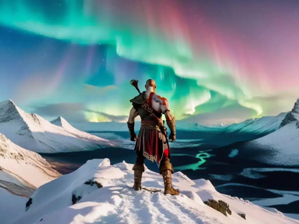 Kratos en la cima de una montaña nevada bajo las luces del norte